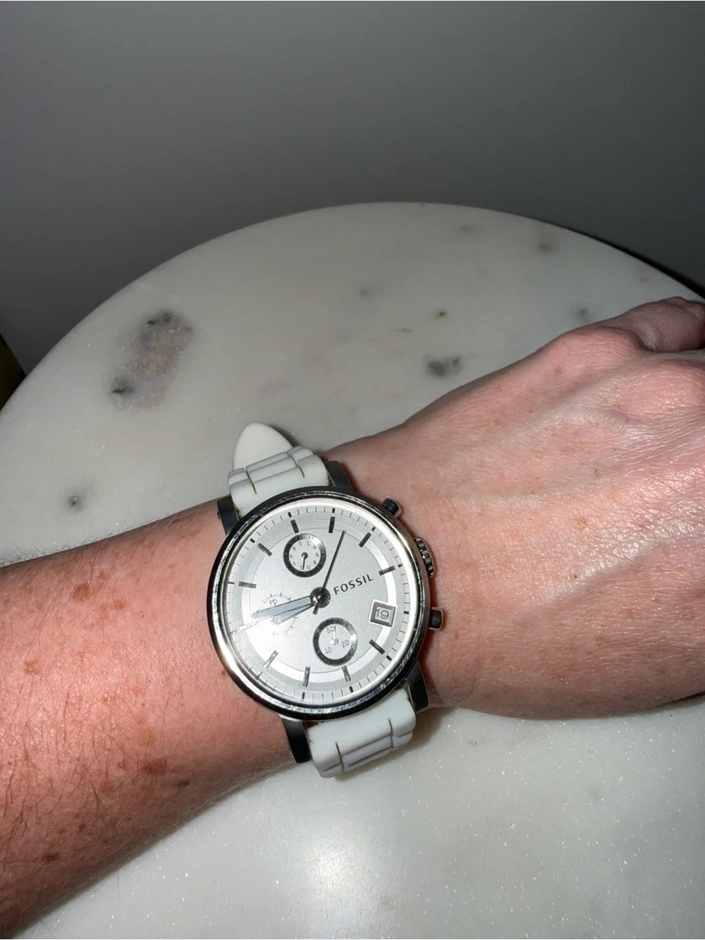 Fossil Silver Dial and White Silicone Strap Chronograph Watch